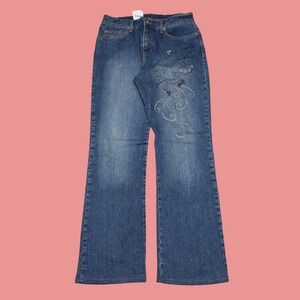 Liza Jeans Womens 8 Blue Embroidered Glitter Bird Bootcut Stretch Denim Y2K Boho